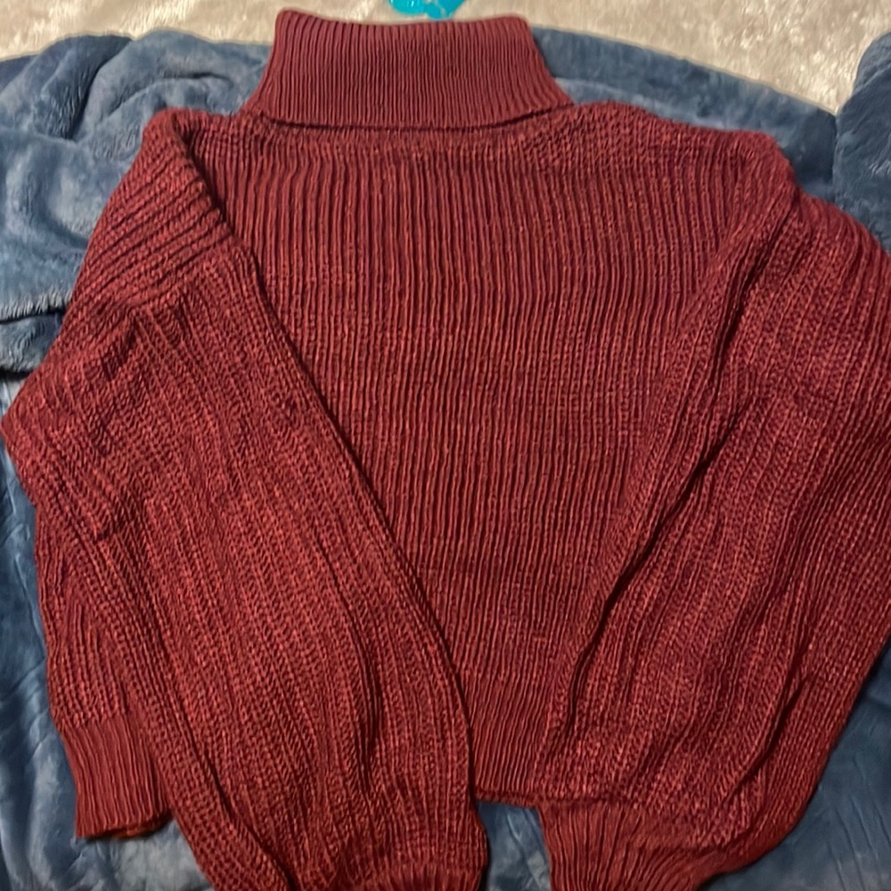 Burgundy cropped turtle neck sweater with bishop sleeves